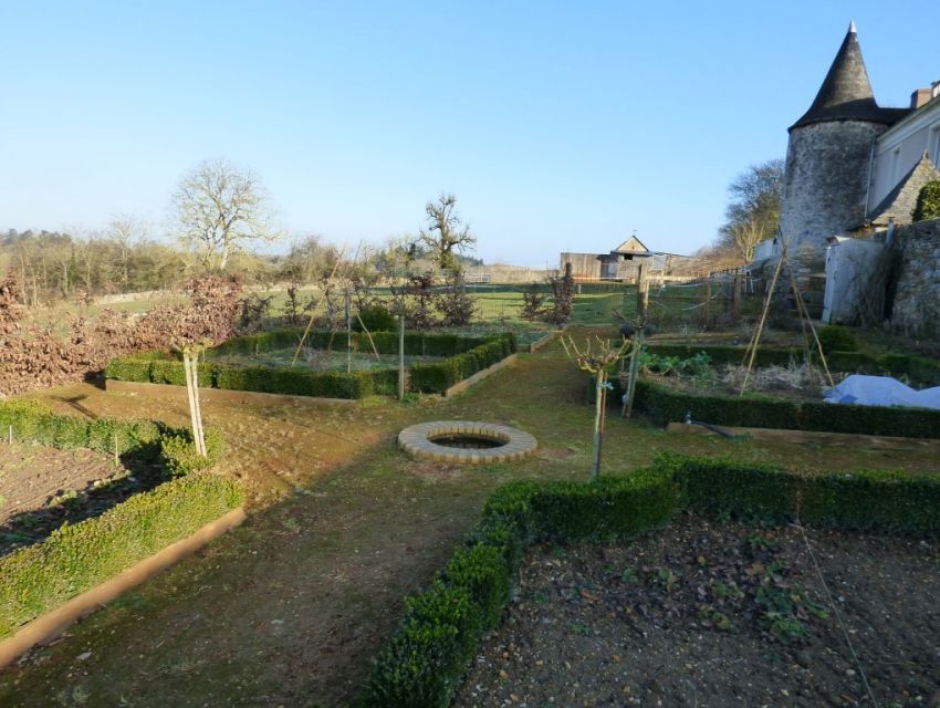 Jardin potager aménagé de carrés de buis. 